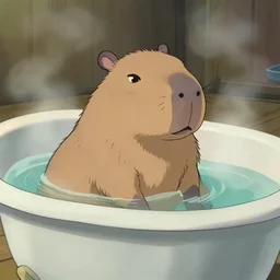 the scene of a capybara sitting in a steaming bathtub in the animated movie spirited away by hayao miyazaki, studio ghibli, animated movie, anime, beautiful