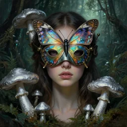 a close - up neoclassicist portrait of an alien girl wearing an iridescent steampunk butterfly mask surrounded by silver mushrooms in a jungle. reflective textures. glowing fog in the background. highly detailed fantasy science fiction painting by norman rockwell, frank frazetta, and syd mead. rich colors, high contrast, gloomy atmosphere, dark background. trending on artstation