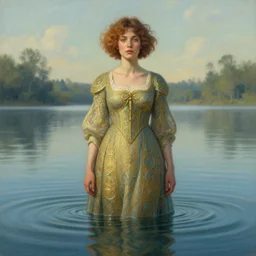 full body portrait of a woman with short wavy hair, round face, cottagecore!!, lake water, submerged!!!, intricate, enlightened, highly detailed, digital painting, artstation, concept art, smooth, sharp focus, illustration, art by artgerm and greg rutkowski and alphonse mucha