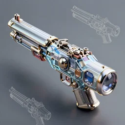 curvy bulky retro futuristic gun full concept art schematic detailed intricate isometric glass metal greebles 8k octane render