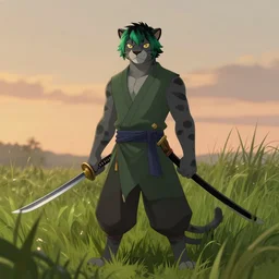 male grey anthropomorphic panther human, green and black hair, wielding a katana, wearing ninja clothes, standing in tall grass, at dawn, artstation, fantasy