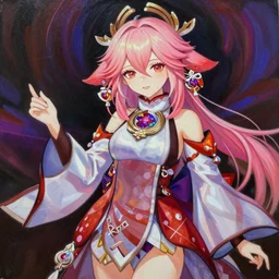 a colorful and vibrant and provenance painting of charming character yae miko from video game genshin impact, highly saturated colors, holographic undertones, anime stylized, accurate fictional proportions, dark aesthetic, intricate, elegant, sharp focus, illustration, highly detailed, digital painting, concept art, matte, art by wlop and artgerm and greg rutkowski and jae lee, masterpiece
