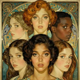 an art nouveau, ( streamline moderne ), multi - racial portrait in the style of anna dittmann and clyde caldwell and chanthara. very large, clear, expressive, and intelligent eyes. centered, ultrasharp focus, dramatic lighting, photorealistic digital matte painting, intricate symmetrical ultra detailed background.