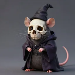 photo of anthropomorphic rat with exposed skull wearing dark sorcerer robes