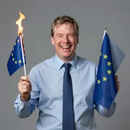 nigel farage laughing holding burning euflag, studio photograph, hd, studio
