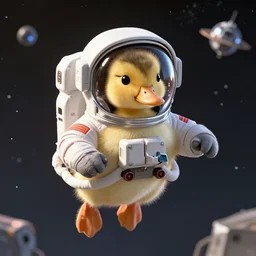 A still of a little duckling dressed as an astronaut floating in space, 4k, photograph, photoreal, realistic, highly detailed, epic lighting, awar winning