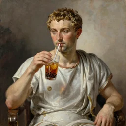Julios Caesar enjoying a cup of bubble tea in rome, oil painting