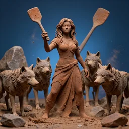 highly detailed photography of a woman made of rust clay, surrounded by wolves, big rocks, hand gesture, dust particles, dramatic scene, aesthetic, dynamic lighting, masterpiece, by roberto ferri, blue background, high quality, spatula