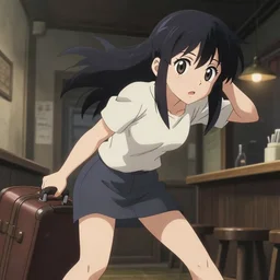 key anime visual portrait of a young female with luggage in a tavern interior, dynamic pose, dynamic perspective, cinematic, dramatic lighting, muted colors, fine detail, textured, big detailed anime eyes outlined, anime proportions