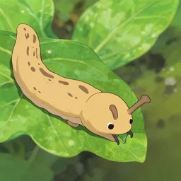 slimy slug - kitten munching on a small leaf, close - up, vibrant, by studio ghibli, using the degrade technique