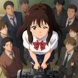 anime cell shaded, anime ( ( ( tanned ) ) ) girl wearing school outfit looking down towards camera, winking at camera from the top, looking towards the camera, standing on top of the camera looking down, wlop, ilya kuvshinov, artgerm, krenz cushart, greg rutkowski, hiroaki samura, range murata, james jean,