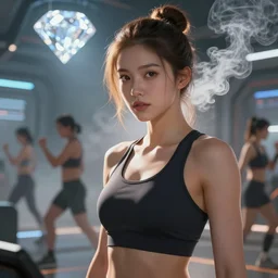 illustration in eric pfeiffer style, people fitness in bright diamond smoke, the environment of sci - fi ui, dramatic, sharp focus, depth of field, hyper - detailed, artstation, digital art, volumetric light, dynamic, expression