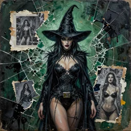 bad witch from fight club detailed mixed media collage with canvas texture in style of contemporary art, punk art, photorealism, sensual bodies, expressionism, masterpiece, perfect composition, spectacular quality, intricate oil details, broken glass photo, torn paper intricate texture, large cracks, liquid glue spots, dark green and black chaotic background