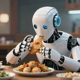 a robot is eating an Asian food, 4k, ultra details, cinematic, epic style, beautiful photo, hyper realistic, octane render, unreal engine, award winning, on artstation, volumetric lightning, masterpiece, golden hour,