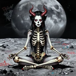 in the style of artgerm and joshua middleton, full body beautiful demon skeleton queen, meditating on the lunar surface, graffiti, highly detailed