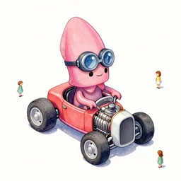 cute and funny, pink colored squid wearing goggles riding in a tiny hot rod with oversized engine, ratfink style by ed roth, centered award winning watercolor pen illustration, isometric illustration by chihiro iwasaki, edited by range murata, tiny details by artgerm and watercolor girl, symmetrically isometrically centered