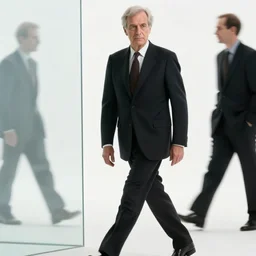 close - up portrait of marcel duchamp walking through glass, white background, photography by irving penn and saul leiter