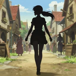 anime still frame portrait of a young female walking through a busy medieval village, dynamic pose, dynamic perspective, detailed silhouette, cel shaded anime, ilya kuvshinov face style