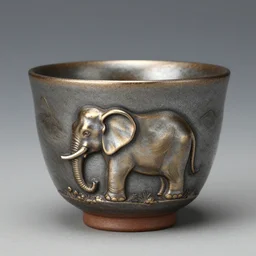 raku tea cup, as elephant, horse hair, raku metallic