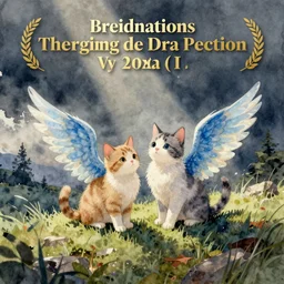 watercolor illustration style, cute cats with blue wings