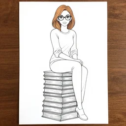 clean line art of a woman with light brown hair and glasses sitting on a tall pile of books. well composed, clean coloring book page, beautiful detailed face. coloring book line art by greg rutkowski and johanna basford