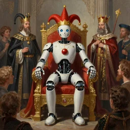 Court jester artificial intelligence robot  surrounded by crowd, next to the king's throne, futuristic, oil on canvas, digital painting, artstation, concept art, smooth, sharp focus, illustration, artstation trending, perfect composition, golden ratio, cinematic, hyper realism, low detail, octane render, 8k, symmetrical artwork