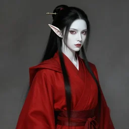 portrait of a female elf mage, pale white skin, black ponytail hair, red robes, character art by larry elmore