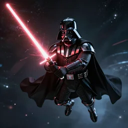 darth vader flying in space with samurai armor and a long lightsaber lens flares