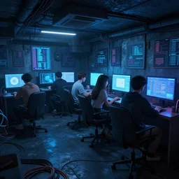 an internet cafe in the underground, with soft blue light, a lot of wires on the floor, weirdcore, digital art, detailed, artstation hq