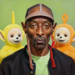 beautiful lifelike painting of mf doom knowing what time it is like its time for teletubbies, hyperreal detailed facial features and uv lighting, art by ed roth and basil wolverton