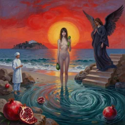 painting of sunrise, a flooded spanish art gallery in marbella beach, death, a tall emo girl, holding a courgette, skull, rocks by the sea, island, surgeon, pomegranates, a dark angel, a staircase, a whirlpool in the ocean, sensual, swirls of red, zen, surrealist, by magritte and monet