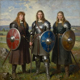 Richard Schmid and Jeremy Lipking portrait painting of A shield-maiden (Old Norse: skjoldmø [ˈskjɑldˌmɛːz̠]) was a female warrior from Scandinavian folklore and mythology. Shield-maidens are often mentioned in sagas such as Hervarar saga ok Heiðreks and in Gesta Danorum. They also appear in stories of other Germanic peoples: Goths, Cimbri, and Marcomanni.[1] The mythical Valkyries may have been based on such shield-maidens.[ full-figure