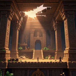 majestic expansive ancient mayan temple halls , side-scrolling 2d platformer game level, glittering dust in the air illuminated by the dusk sun through the ceiling cracks, fantasy totem ruins with intricate mayan glyphs, volumetric light , detailed carved ornaments, rich color, upscale , 8k