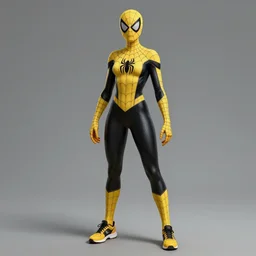 full body character turnaround of a woman in an orb weaver spider costume with running shoes and a full face mask, character sheet, matte painting, spiderwoman!!, john singer sargent, good value control, highly detailed portrait, character turnaround, digital painting, concept art, artstation, realistic proportions, realistically proportioned body, sharp focus, smooth, illustration, yellow and black color scheme 8 k, octane render
