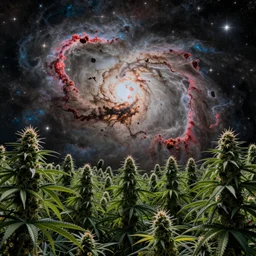 sky of space nebula over the cannabis garden at the end of the universe, trippy, hyper detailed, intricate, mind - bending, masterpiece by zdzisław beksinski or conrad roset, tom whalen, mark ryden, chip zdarsky, dramatic lighting, strong shadows, volumetric, cinematic atmosphere, octane render, artstation, 8 k, hdr, hd