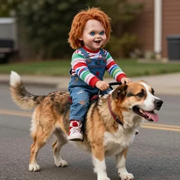 screaming chucky riding a large dog
