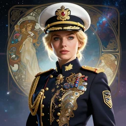 beautiful portrait of a female officer wearing a fancy naval uniform, art by artgerm, wlop, greg rutkowski, alphonse mucha, science fiction, intricate detail, blonde hair, space background, trending on artstation, sharp focus, illustration, caustics, octane render, radiant light, 4 k