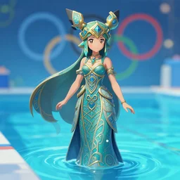 misty from pokemon in an olympic pool, blue artificial light, bokeh, full body shot, intricate, highly detailed, digital painting, artstation, concept art, matte, sharp focus, illustration, hearthstone, art by artgerm and greg rutkowski and alphonse mucha