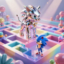 up photo by josh pierce and prateek vatash and roman bratschi, a sonic the hedgehog dreamscape maze made out of colorful playful pastel shiny reflective metal, gigantic minotaur statue made out of shiny reflective silver, cinema 4 d, 4 k, ray tracing reflections, volumetric lighting and shadows, haze, light beams