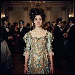 lomography, full body portrait photo of reol in a victorian ballroom interior at a crowded masquerade party with many people, wearing an ornate dress designed by alphonse mucha, moody, realistic, dark, skin tinted a warm tone, light blue filter, hdr, rounded eyes, detailed facial features, very dark