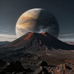 A large, dark volcanic planet with shadows coming out of it