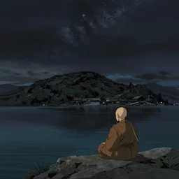 a wide shot dull colors film still of matsushima bay on a starry night. an old monk is nearby. perfect art, grimdark, trending on pixiv fanbox, painted by studio ghibli