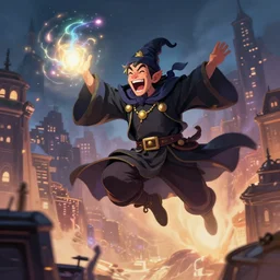 a wizard that looks like an average person destroying a city with magic while laughing and flying, high quality digital art trending on artstation
