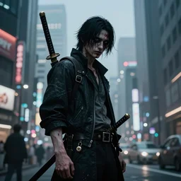 wide - shot ~ yakuza abdefa ~ in tokyo japan ~ katana on his back ~ downtown tokyo in the background ; mystery ; scary ; scarred | cyberpunk | futurism | fantasy | highly detailed | trending on artstation | sharp focus : art by artgerm, greg rutkowsky, magali villeneuve'