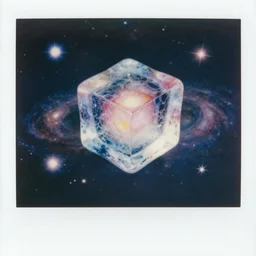 a colourful giant ice cube floating in the universe, galaxies and stars in the background, polaroid photo style, retro effect, high details, one ice cube