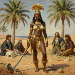 a super detailed painting of a fantasy african queen, amazon, barbarian, palm trees, dunes, art by artgerm, john singer sargent, karol bak, mark brooks, gustave courbet
