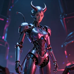 “the most beatiful cosmic android robot female devil, photo pic taken by unreal engine, dark neon glow backdrop”