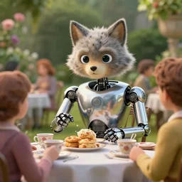 film still from the movie chappie of the robot chappie shiny metal outdoor park plants garden scene bokeh depth of field several figures sitting down at a table having a delicious grand victorian tea party crumpets furry anthro anthropomorphic stylized cat ears wolf muzzle head android service droid robot machine fursona