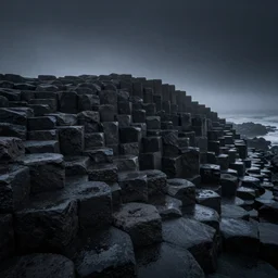 field of hexagonal basalt columns, fog, dark, stars, wet, glossy, black, 4 k photo high quality trending on arstation
