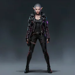full body portrait of a badass elf woman with wearing a leather jacket, cyberpunk digital art, dramatic lighting, illustration by Greg rutkowski, yoji shinkawa, 4k, digital art, concept art, trending on artstation